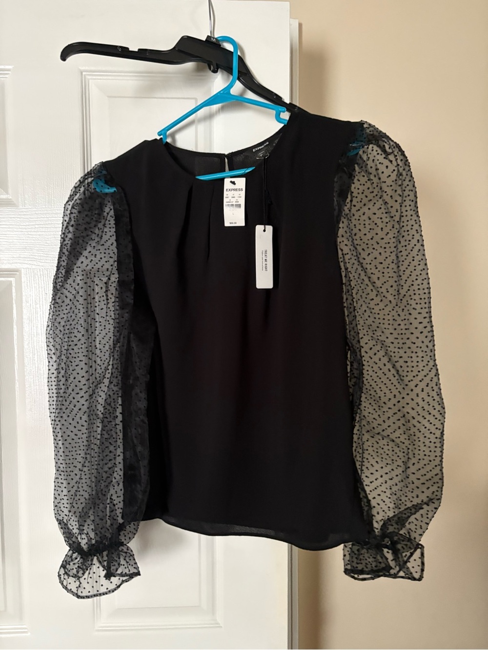 Express Black Sheer Dot Puff Sleeve Blouse